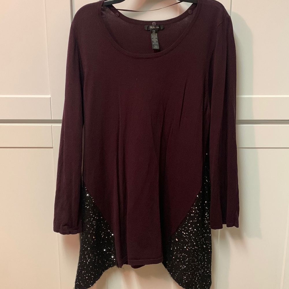 XXL Sweater tunic/mini dress. Deep wine with black sequin inset on both sides.